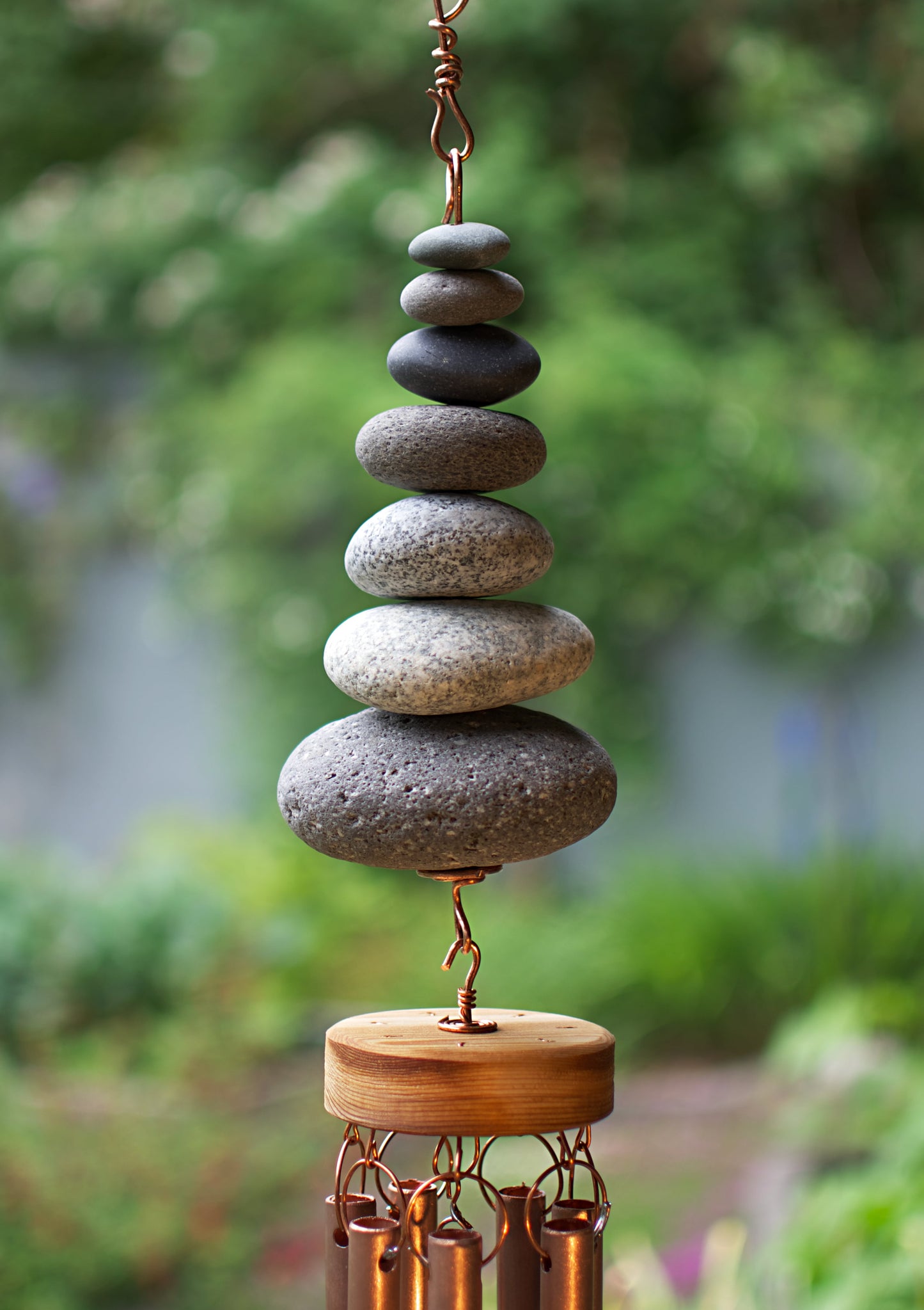Wind Chime Zen Large Beach Stones Outdoor 7 Copper Chimes