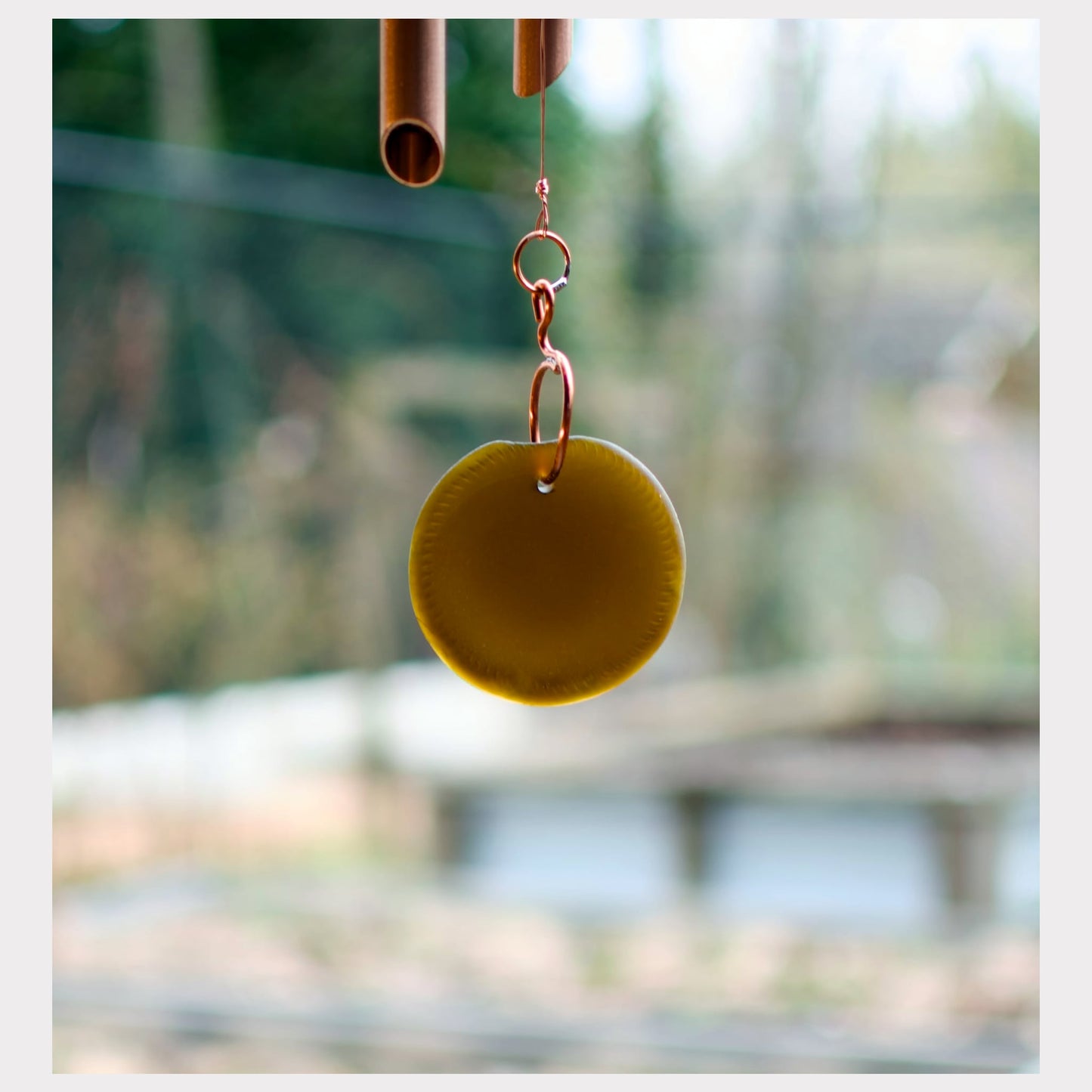 detail image, artist-made brown beach glass windsail for a copper wind chime