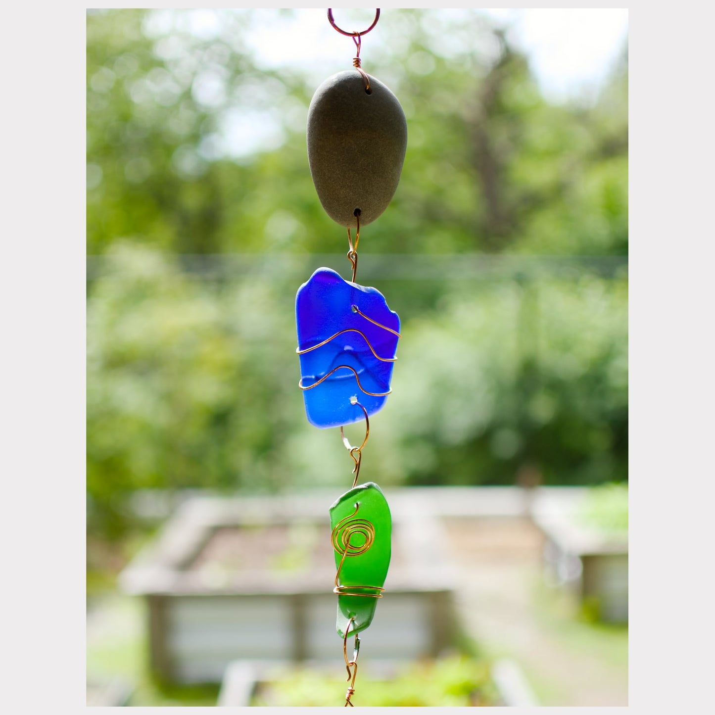 Beach Stone & Sea Glass Wind Chime - Relaxing Zen Garden Decor - All Season Outdoor