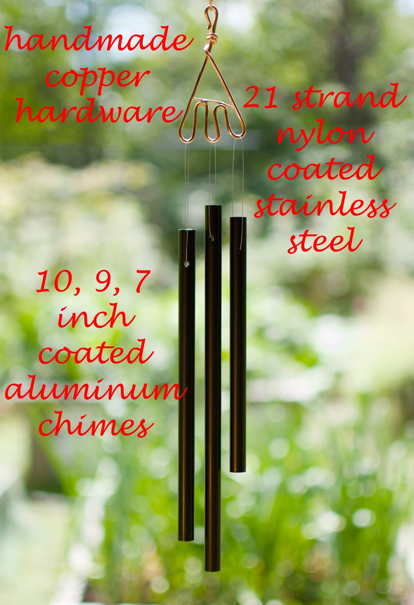 Wind chime with text detailing material and dimensions against a blurred green background