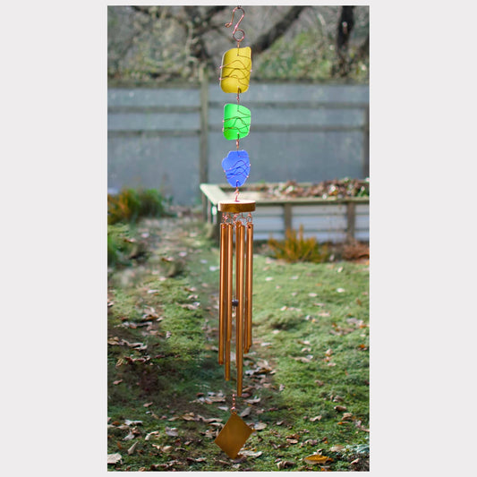 Large sea glass wind chime with seven copper chimes.