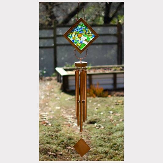 Large sea glass kaleidoscope wind chime, five copper chimes.