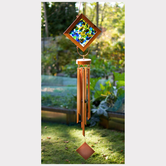 Large sea glass kaleidoscope wind chime with seven copper chimes.