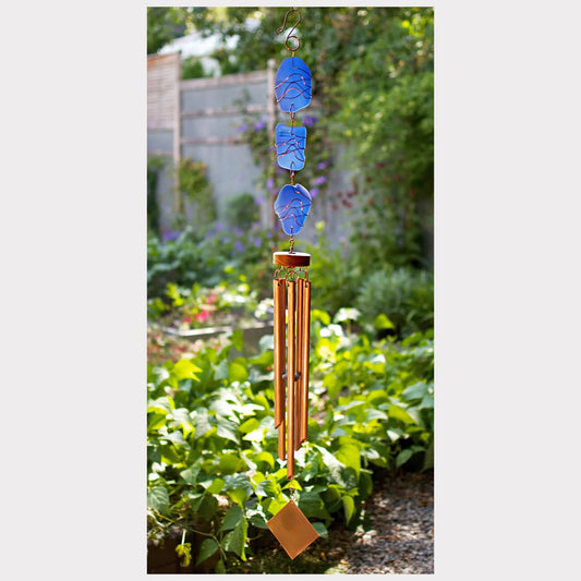 Large cobalt blue sea glass wind chime with five copper chimes.