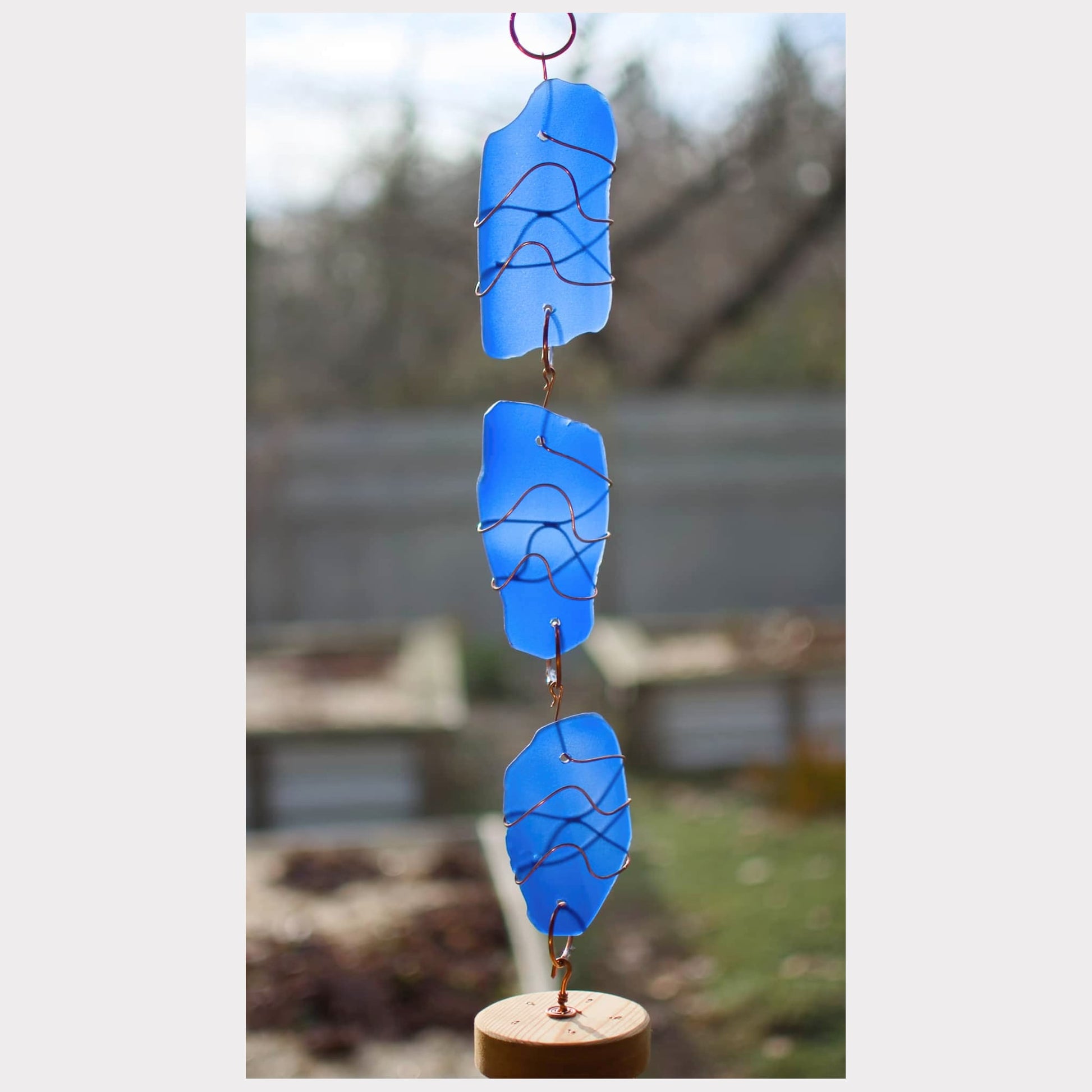 detail, cobalt blue sea glass wind chime