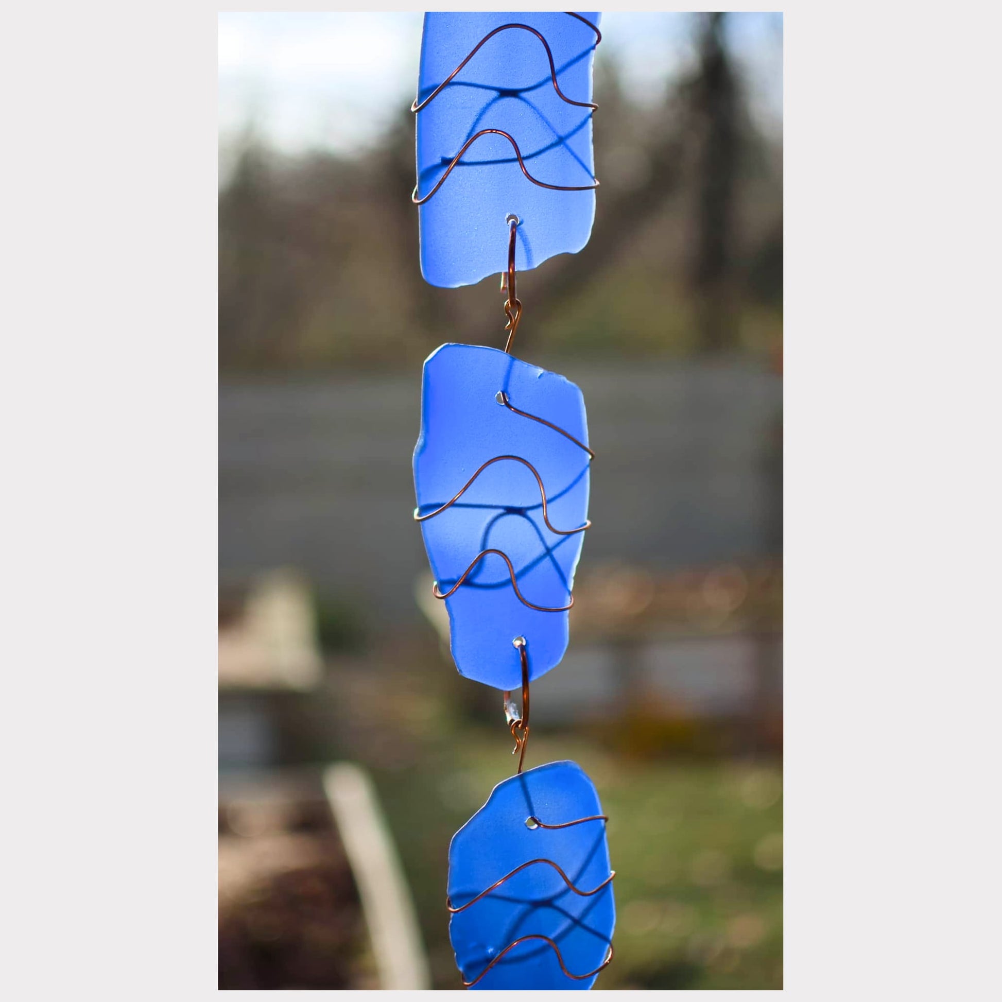 zoom detail, cobalt blue sea glass wind chime
