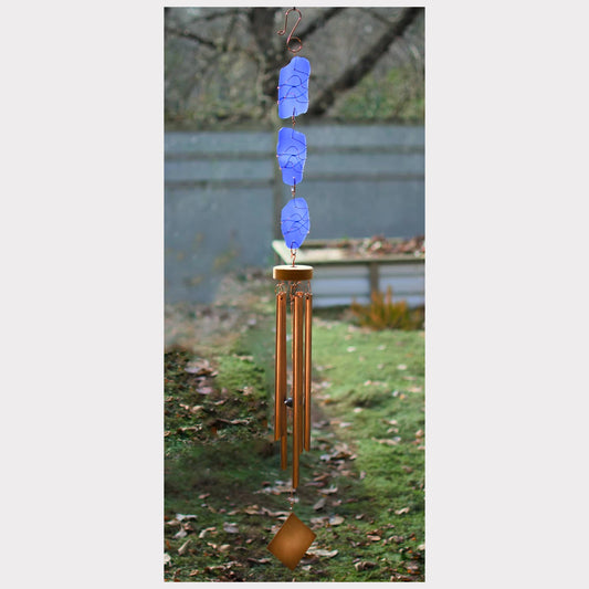 Cobalt blue sea glass wind chime with five copper chimes.