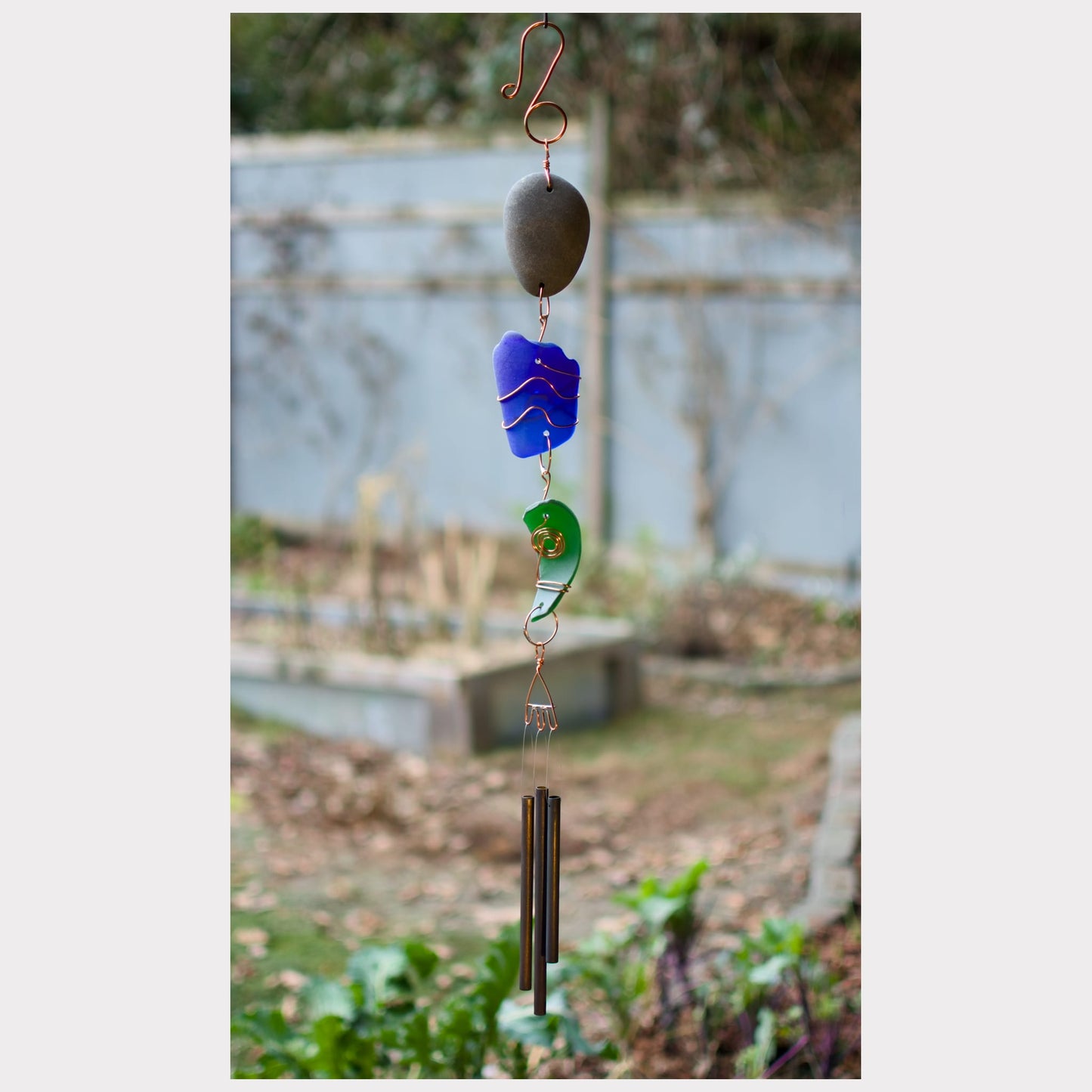 beach stone, sea glass, outdoor wind chime