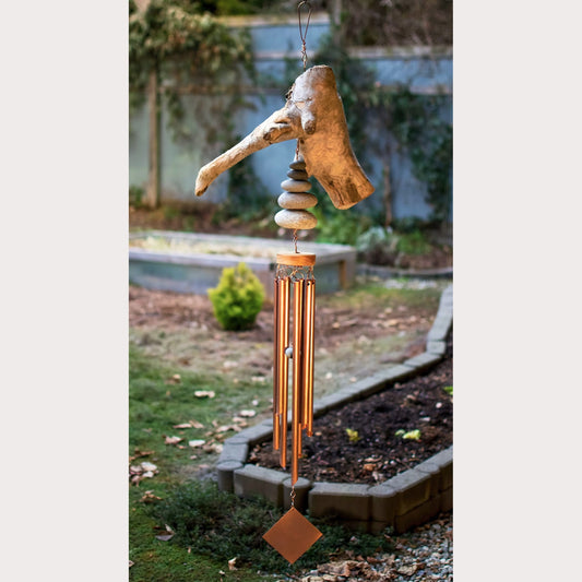 Large driftwood beach stone copper wind chime