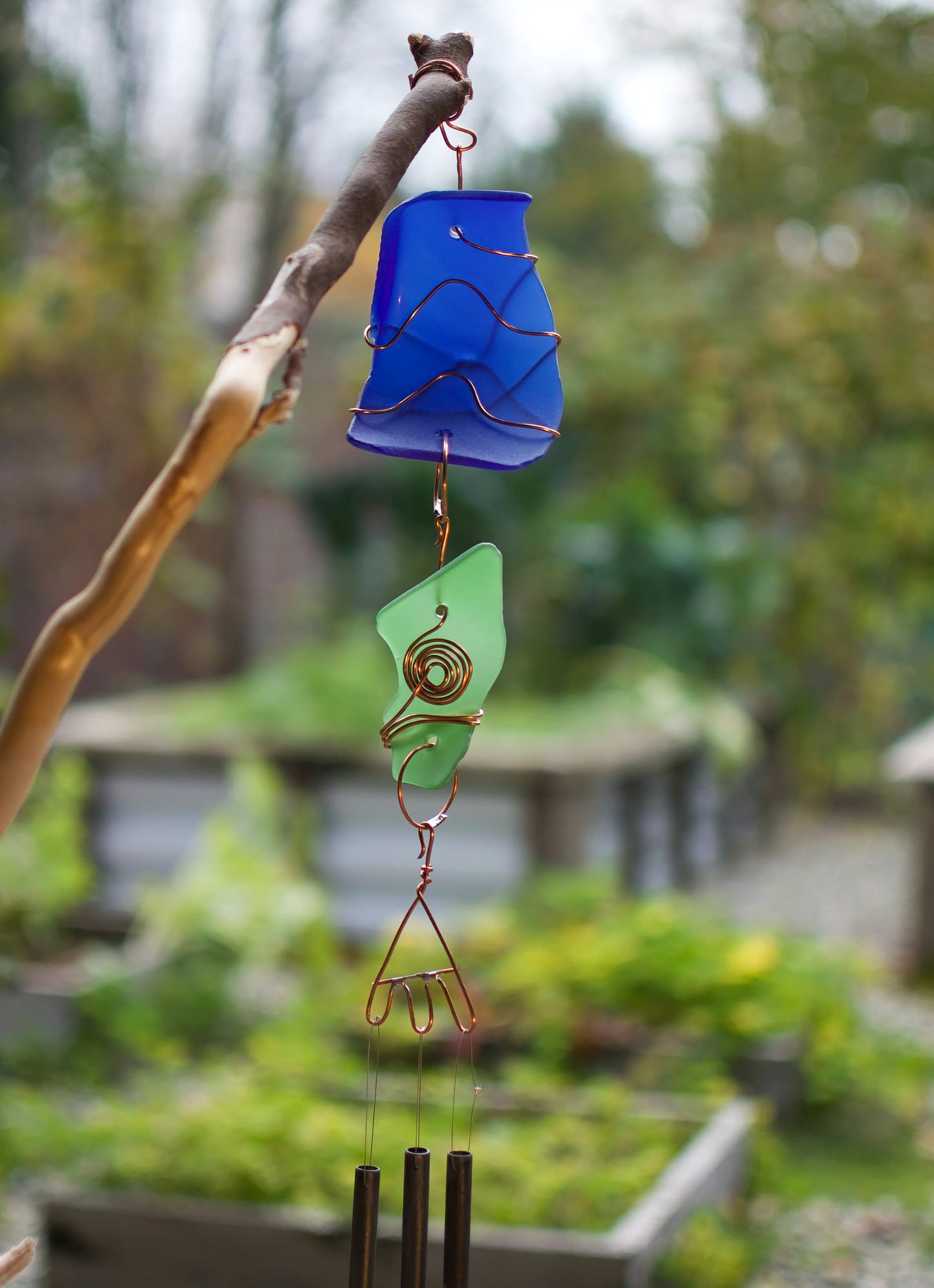 Wind Chime Freestanding Beach Stone Sea Glass Copper Outdoor