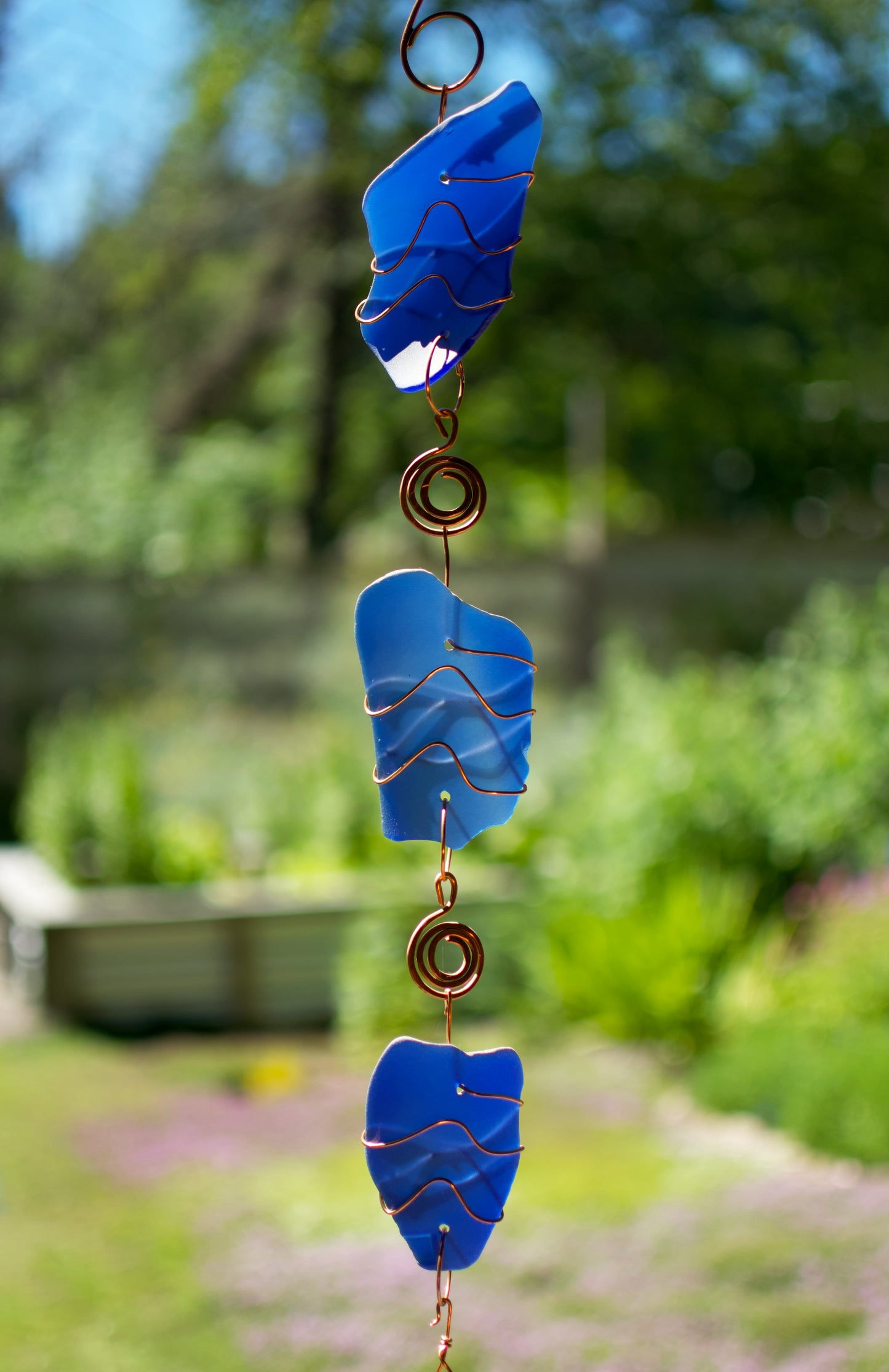 Wind Chime Cobalt Blue Sea Glass Copper Outdoor Windchimes