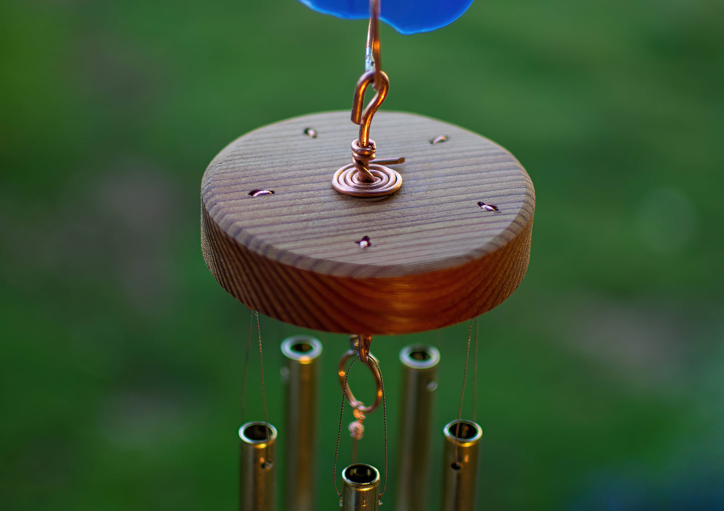 Carillon éolien bleu vert verre cuivre 5 carillons artisanaux en laiton