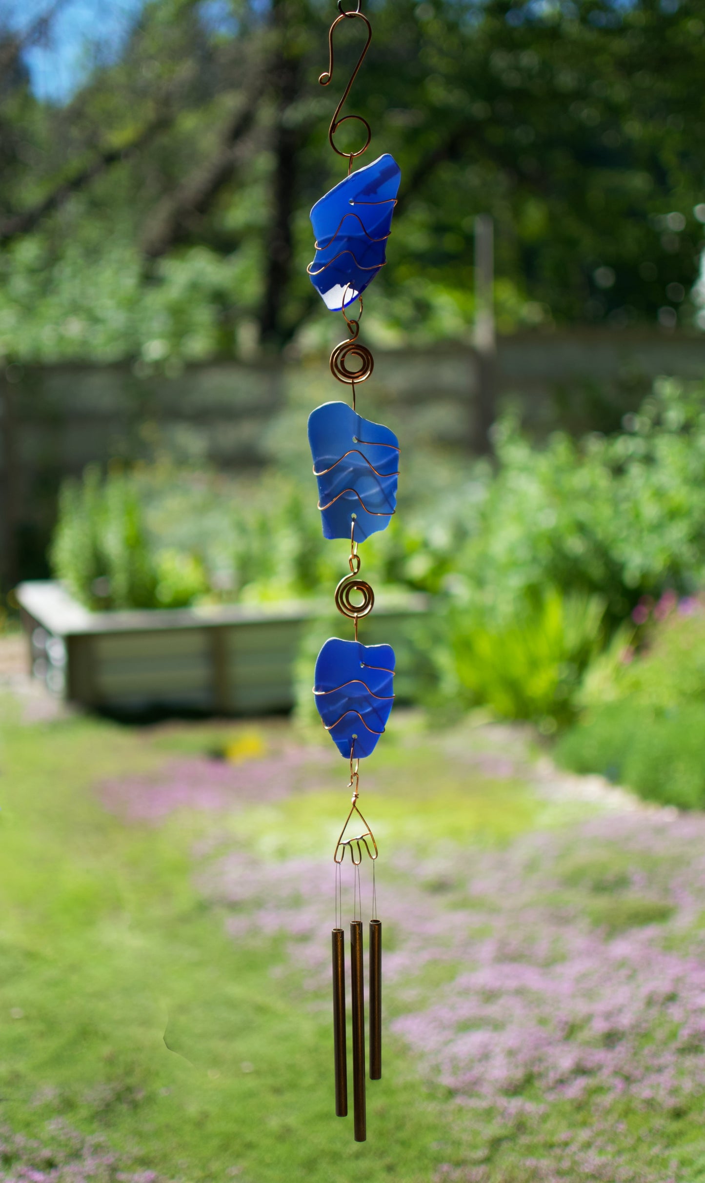 Wind Chime Cobalt Blue Sea Glass Copper Outdoor Windchimes