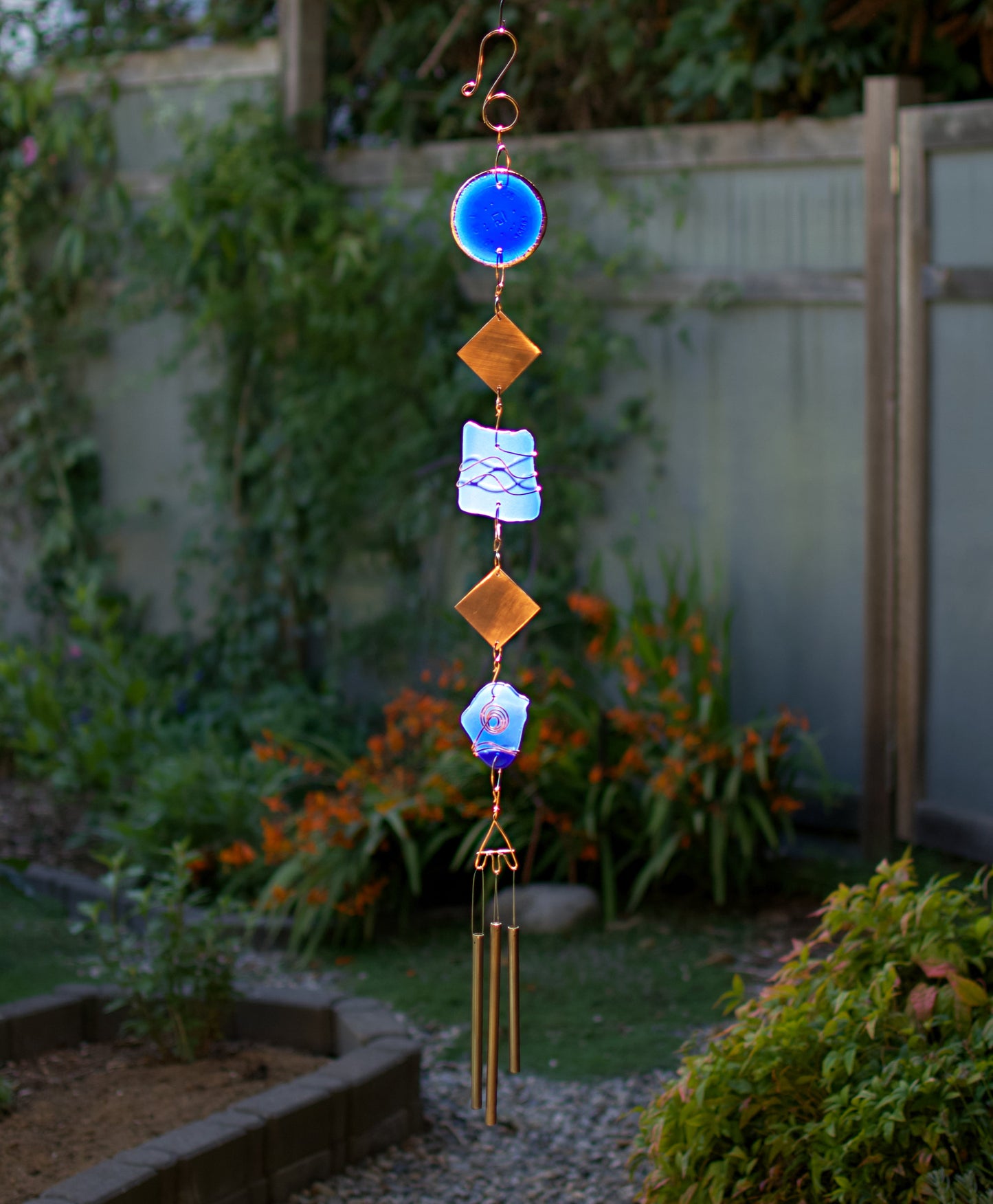 Wind Chimes Blue Glass Copper Brass Outdoor Windchimes
