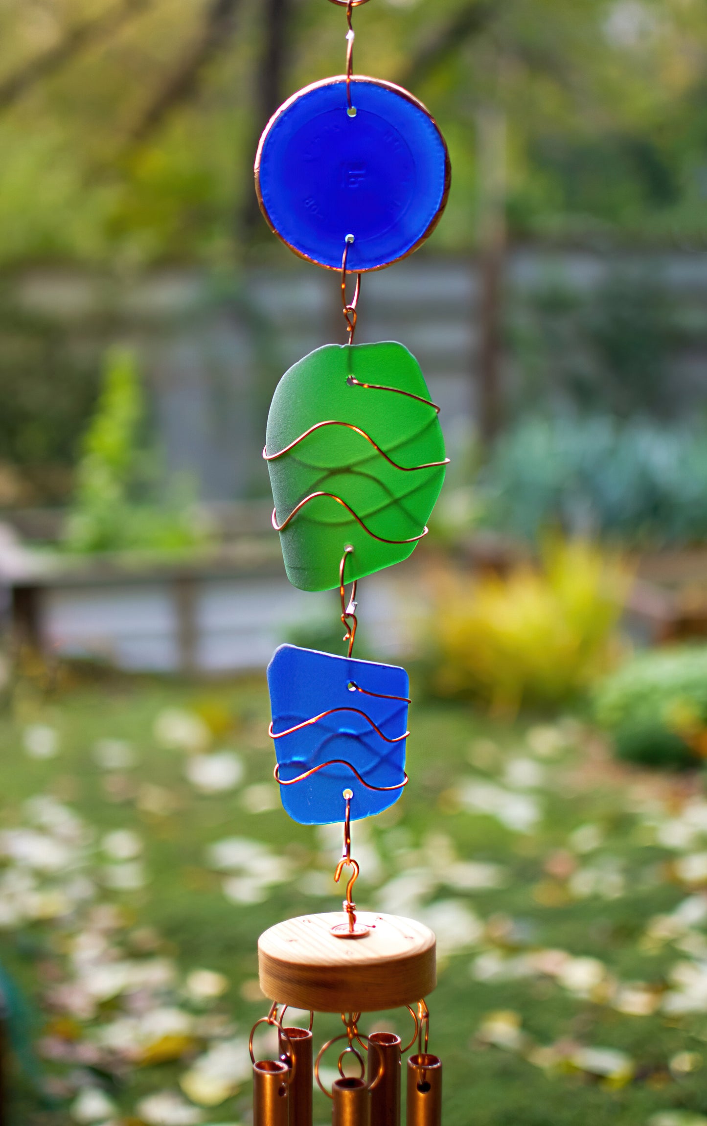 Wind Chime Blue Green Sea Glass Copper Outdoor Large