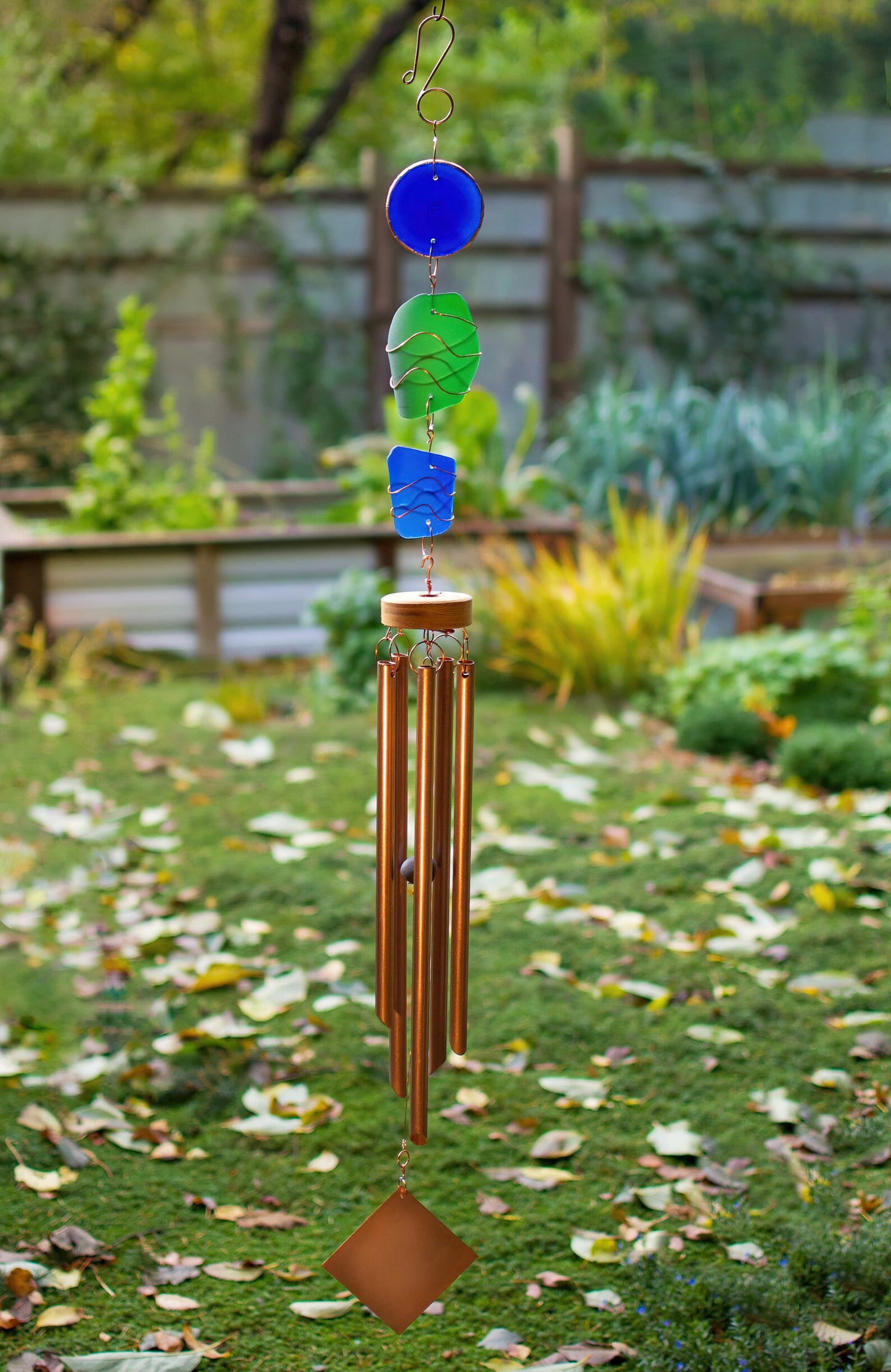 Wind Chime Blue Green Sea Glass Copper Outdoor Large