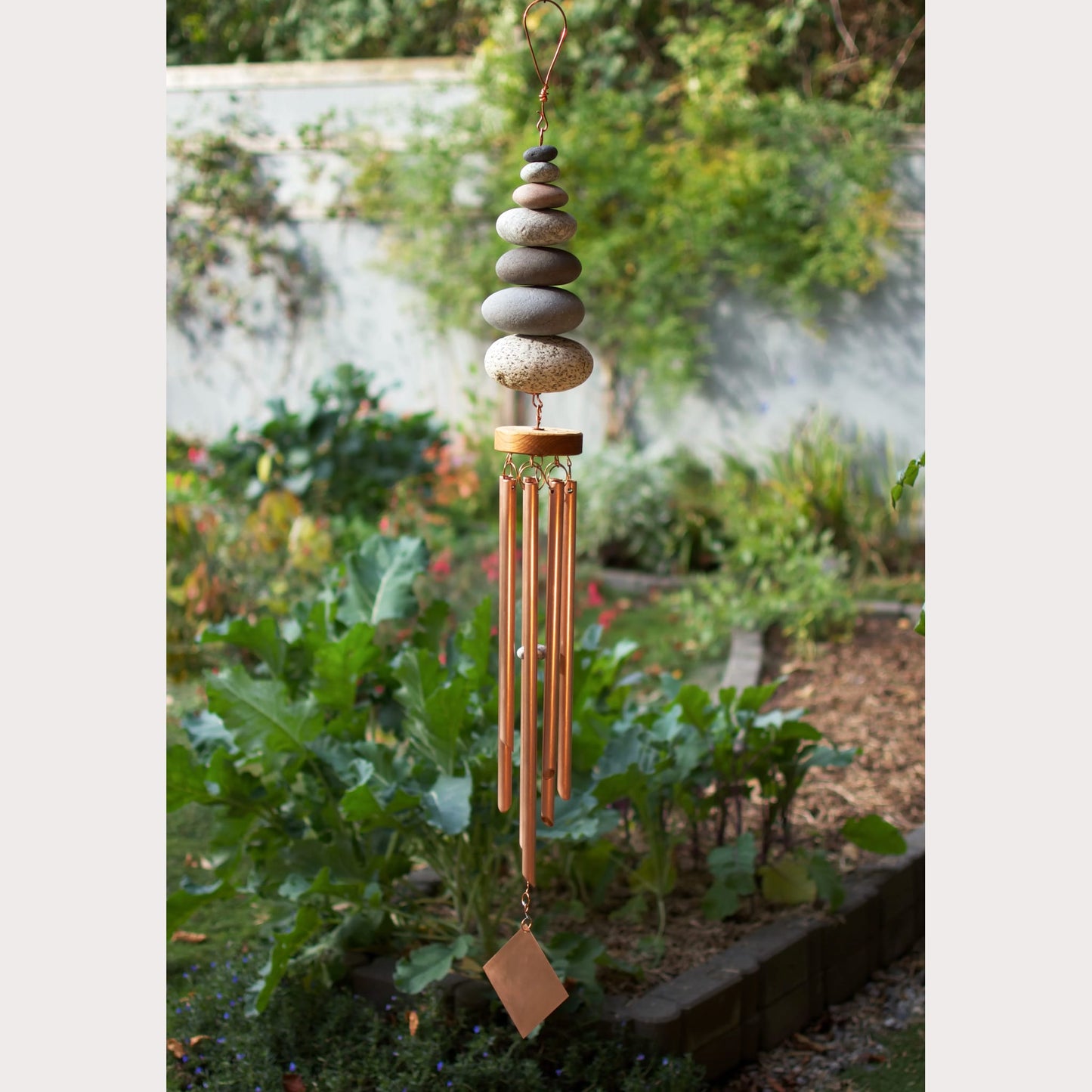 7 beach stone handcrafted copper wind chime.