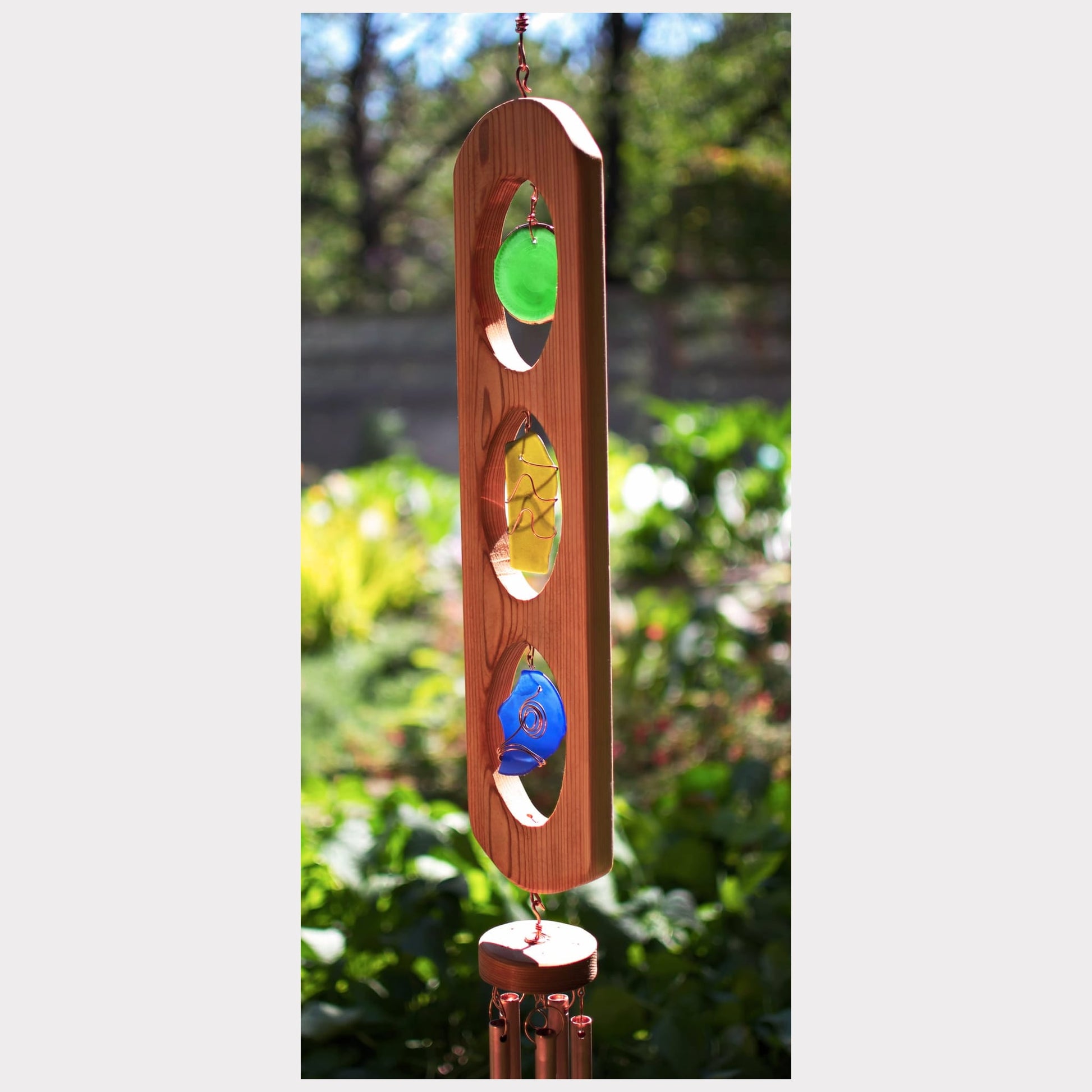 side view, cedar and sea glass wind chime