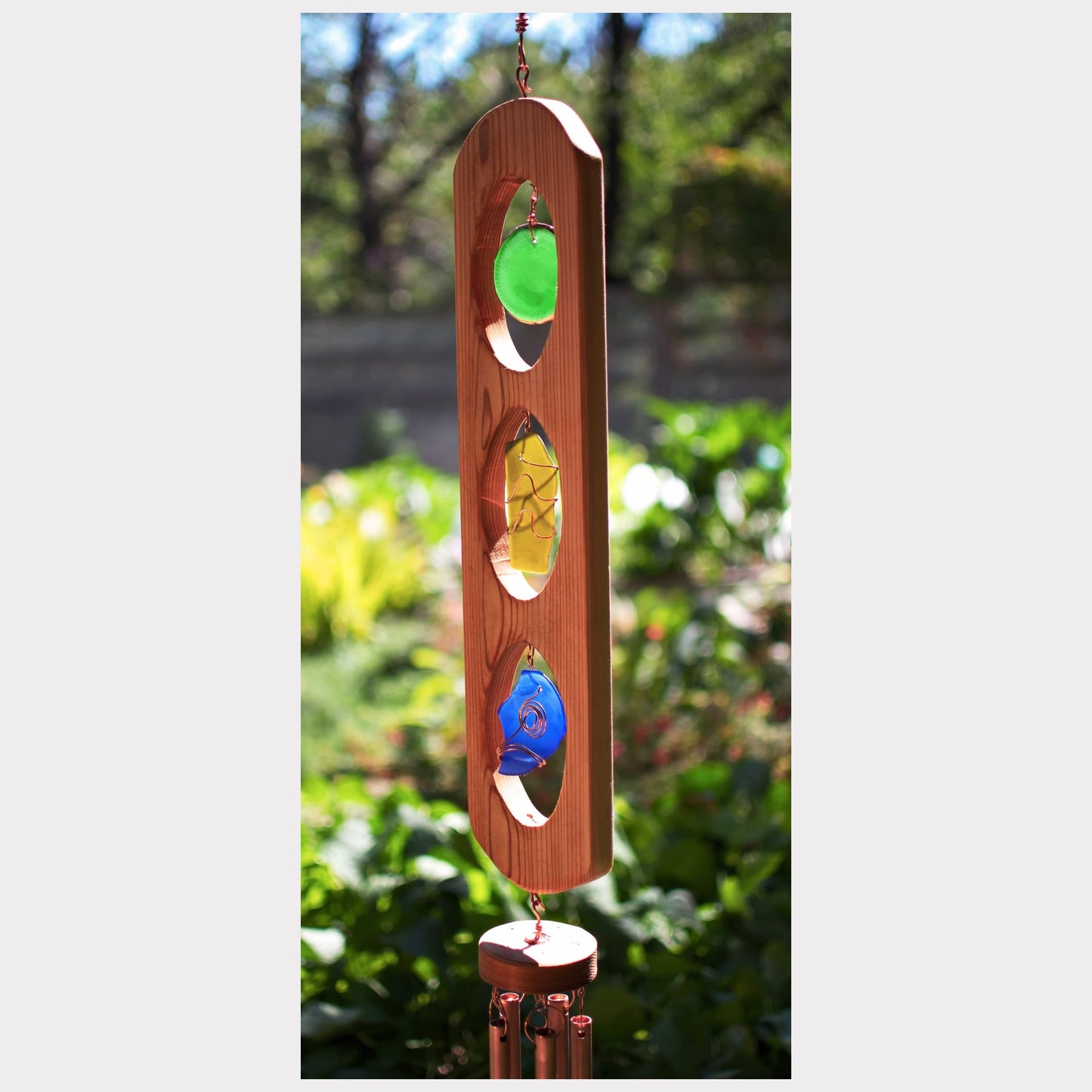 side view, cedar and sea glass wind chime