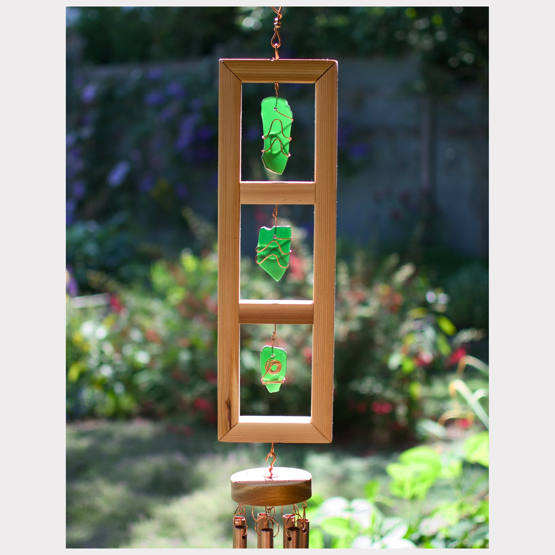 detail, glass and cedar wind chime