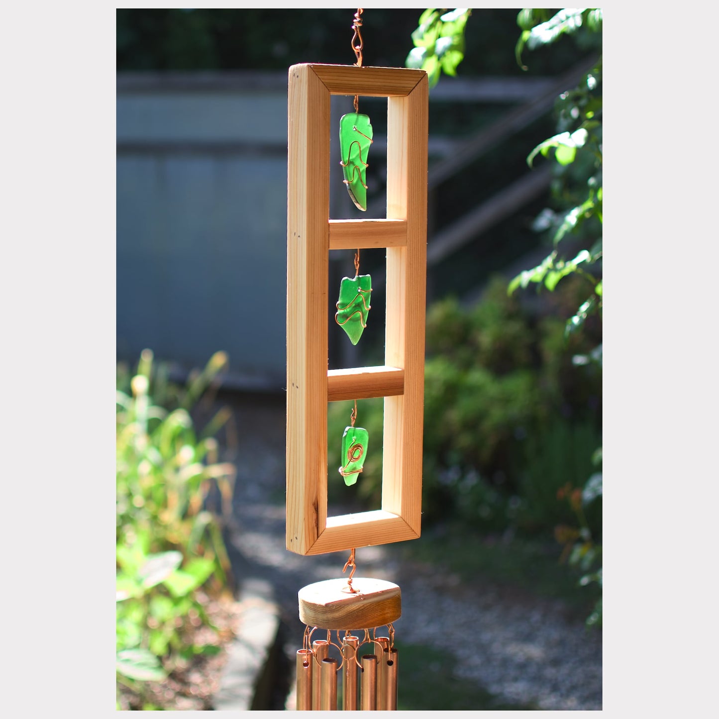 side view, glass and cedar wind chime