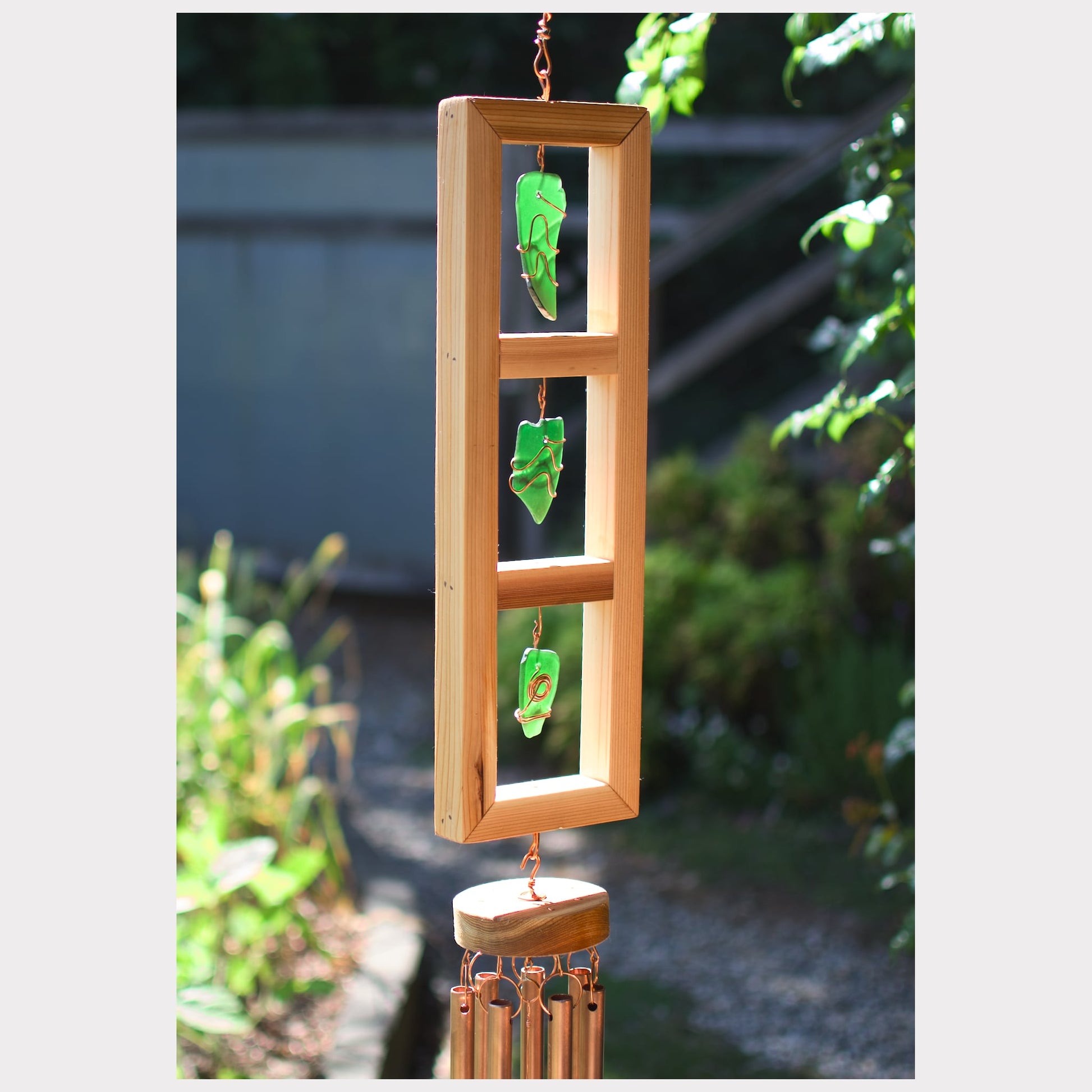 side view, glass and cedar wind chime