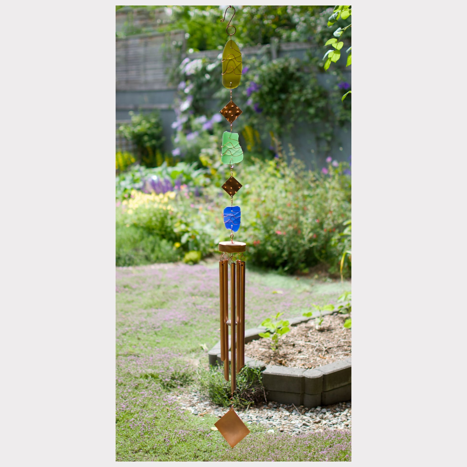 Sea glass wind chime with copper chimes.