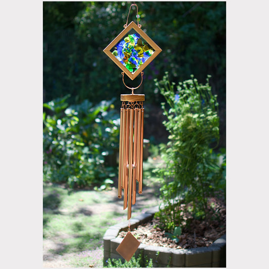 Kaleidoscope wind chime featuring artist-made beach glass and 7 genuine copper chimes. Coast Chimes.