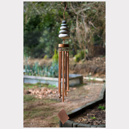 Zen wind chime with five natural beach stones and five genuine copper chimes.