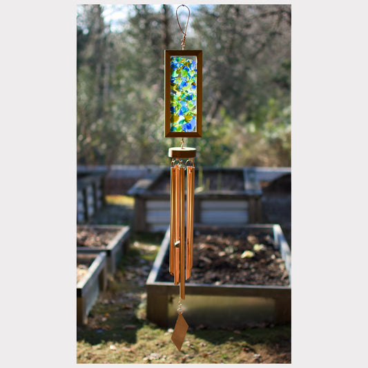 Large kaleidoscope wind chime featuring artist-made beach glass and five copper chimes.