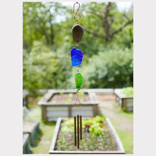 Beach Stone & Sea Glass Wind Chime - Relaxing Zen Garden Decor - All Season Outdoor