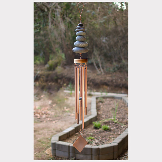 Zen wind chime featuring seven natural beach stones and seven genuine copper chimes.