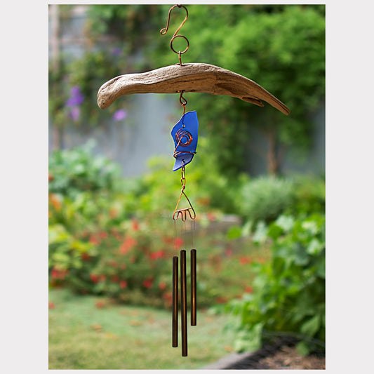 Handcrafted driftwood and blue sea glass chime.