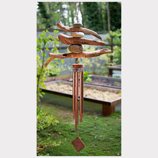 Large handcrafted beach stone and driftwood copper wind chime.