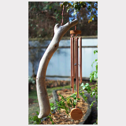Rustic large handcrafted driftwood and copper wind chime.