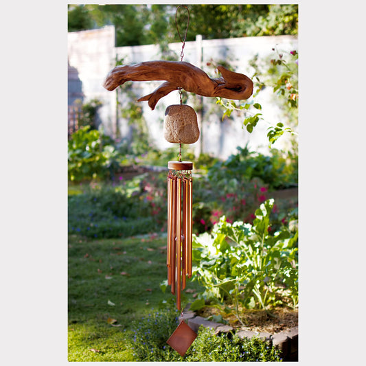 Driftwood and beach stone rustic coastal handcrafted wind chime.