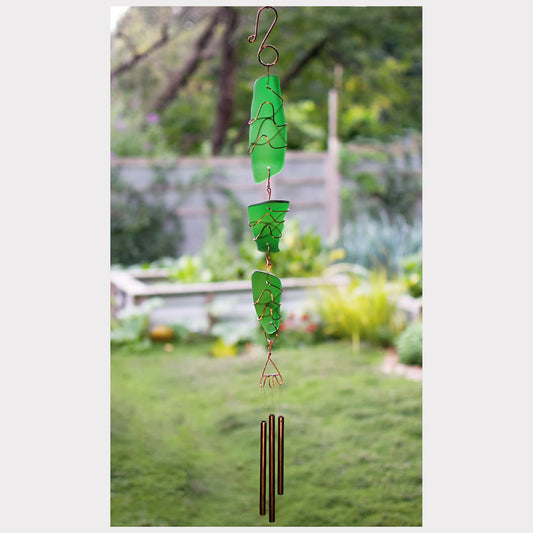 Emerald green sea glass chime with three brass chimes, handcrafted.