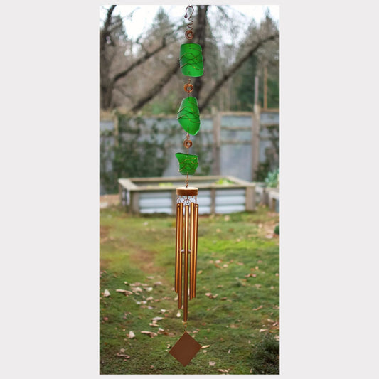 large handcrafted emerald green sea glass wind chime with real copper chimes.