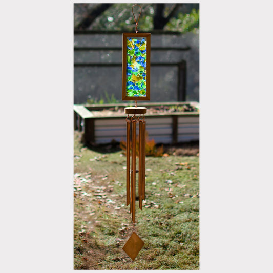 Large kaleidoscope sea glass wind chime with seven copper chimes.