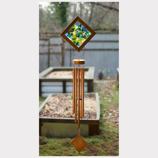 Large handcrafted kaleidoscope sea glass wind chime with five copper chimes, handcrafted by Coast Chimes