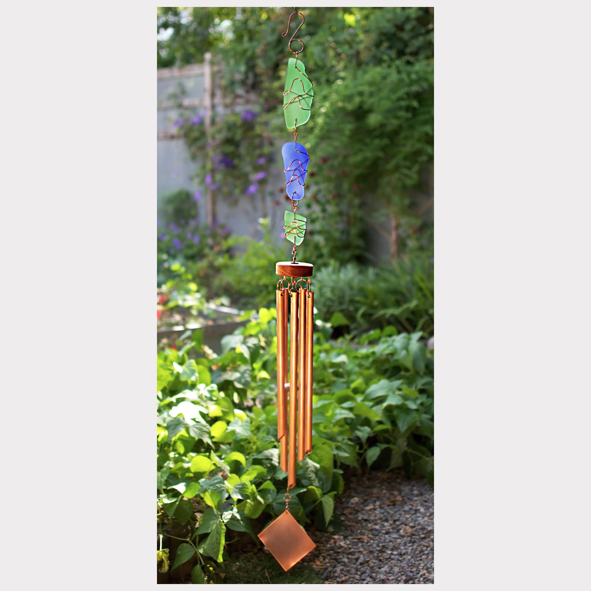 sea glass handmade wind chime with five copper chimes