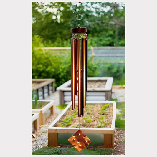 Handcrafted copper wind chime with a hammered copper windsail.