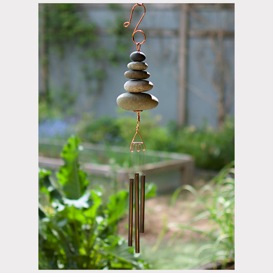 Zen handcrafted beach stone chime with three brass chimes.