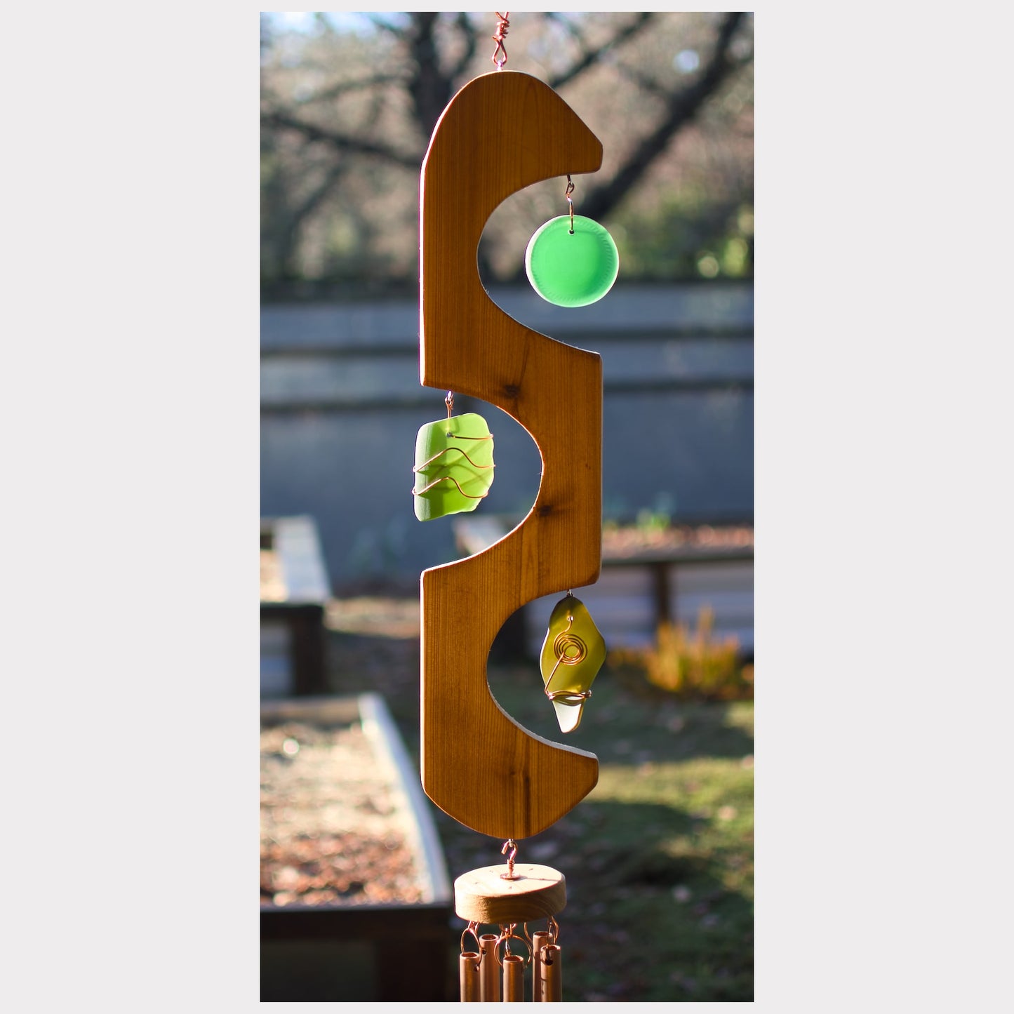 detail, cedar and sea glass wind chime