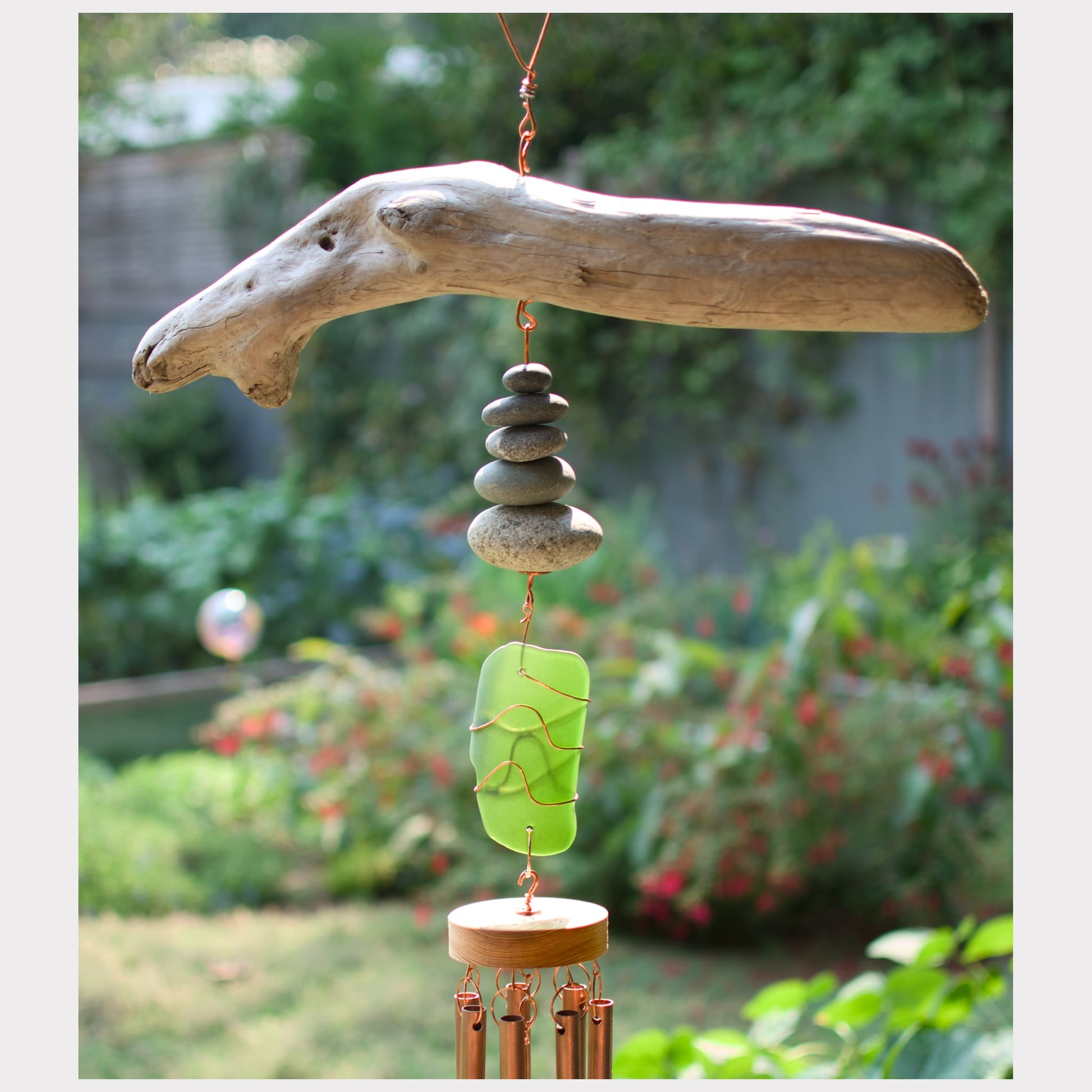 detail, driftwood, beach stone, sea glass wind chime