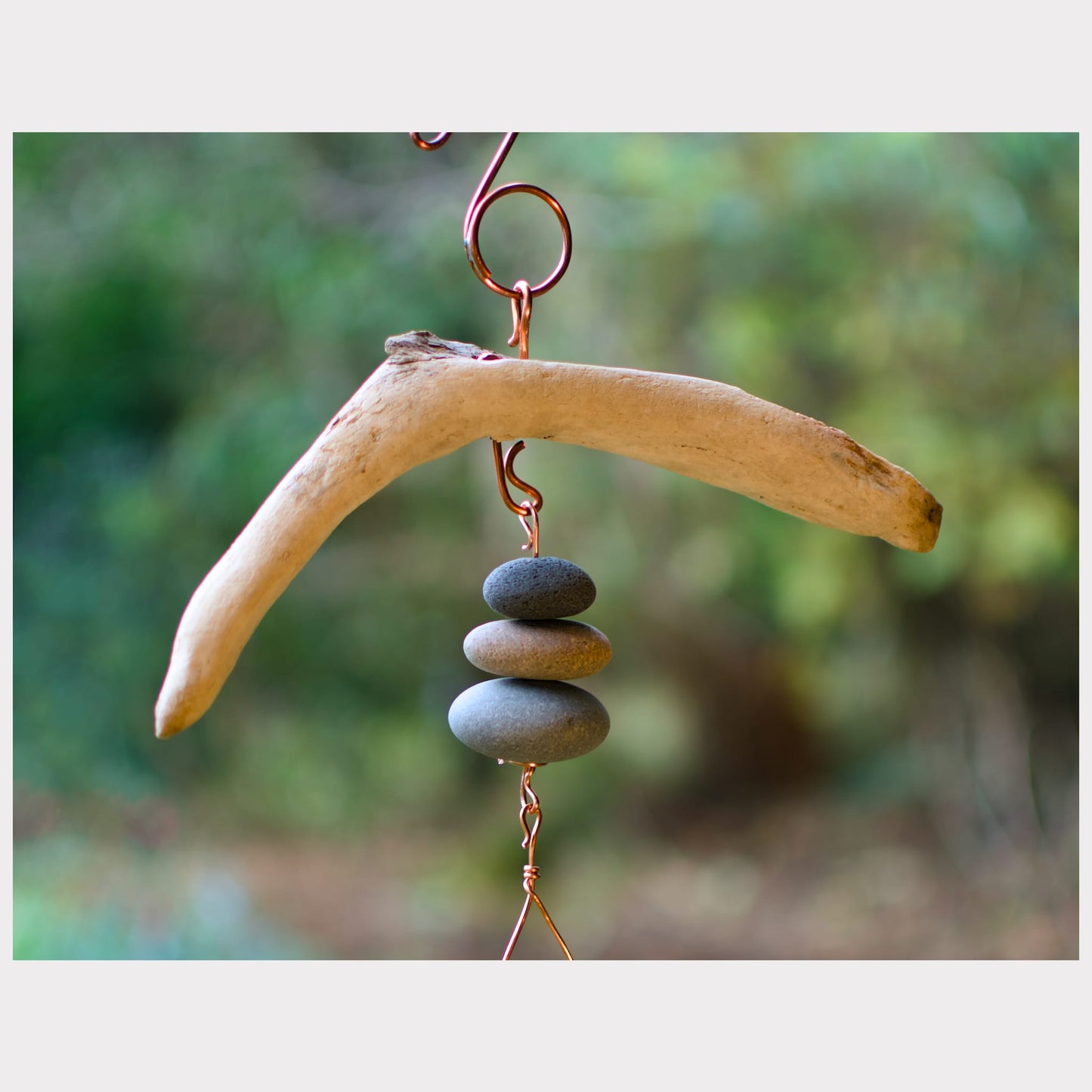 detail, driftwood and beach stone chime