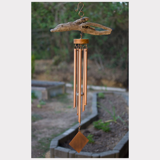 Driftwood wind chime featuring five copper chimes.