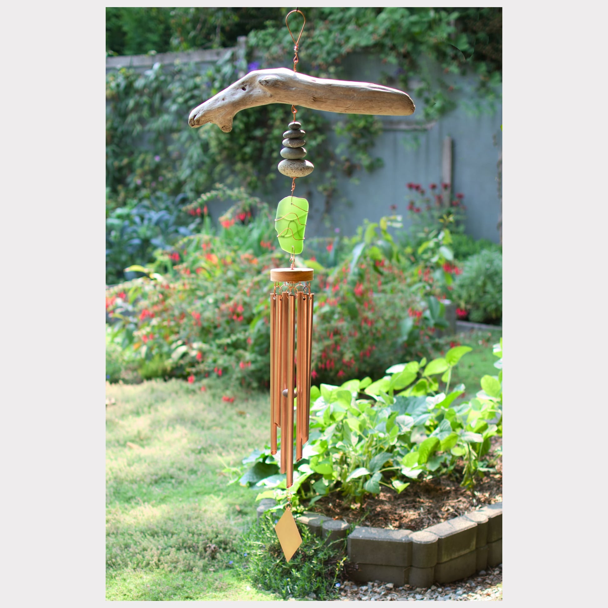 Large driftwood, beach stone, sea glass wind chime with 7 copper chimes.