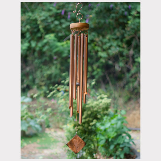 Copper Wind Chime - 7 Real Copper Chimes - Gentle Calming Sound - All Season - Hammered Leaf Imprint Windsail