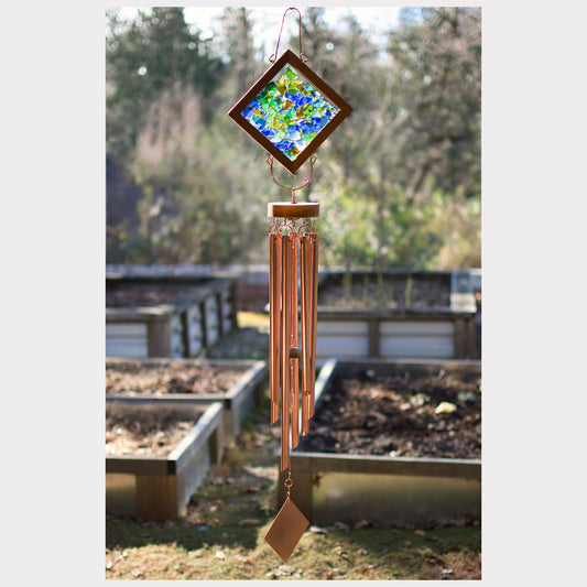 Large wind chime, Kaleidoscope, featuring artist-made beach glass and seven genuine copper chimes.